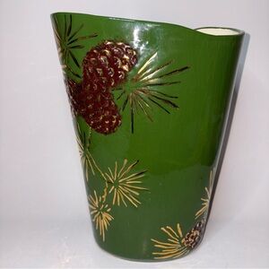 Vintage MCM Roselane Pottery Vase Green Pinecones Starburst Gold Detail 1961